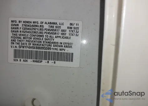 2011 Honda Pilot Touring z USA, uszkodzony, nr VIN 5FNYF4H9XBB095599